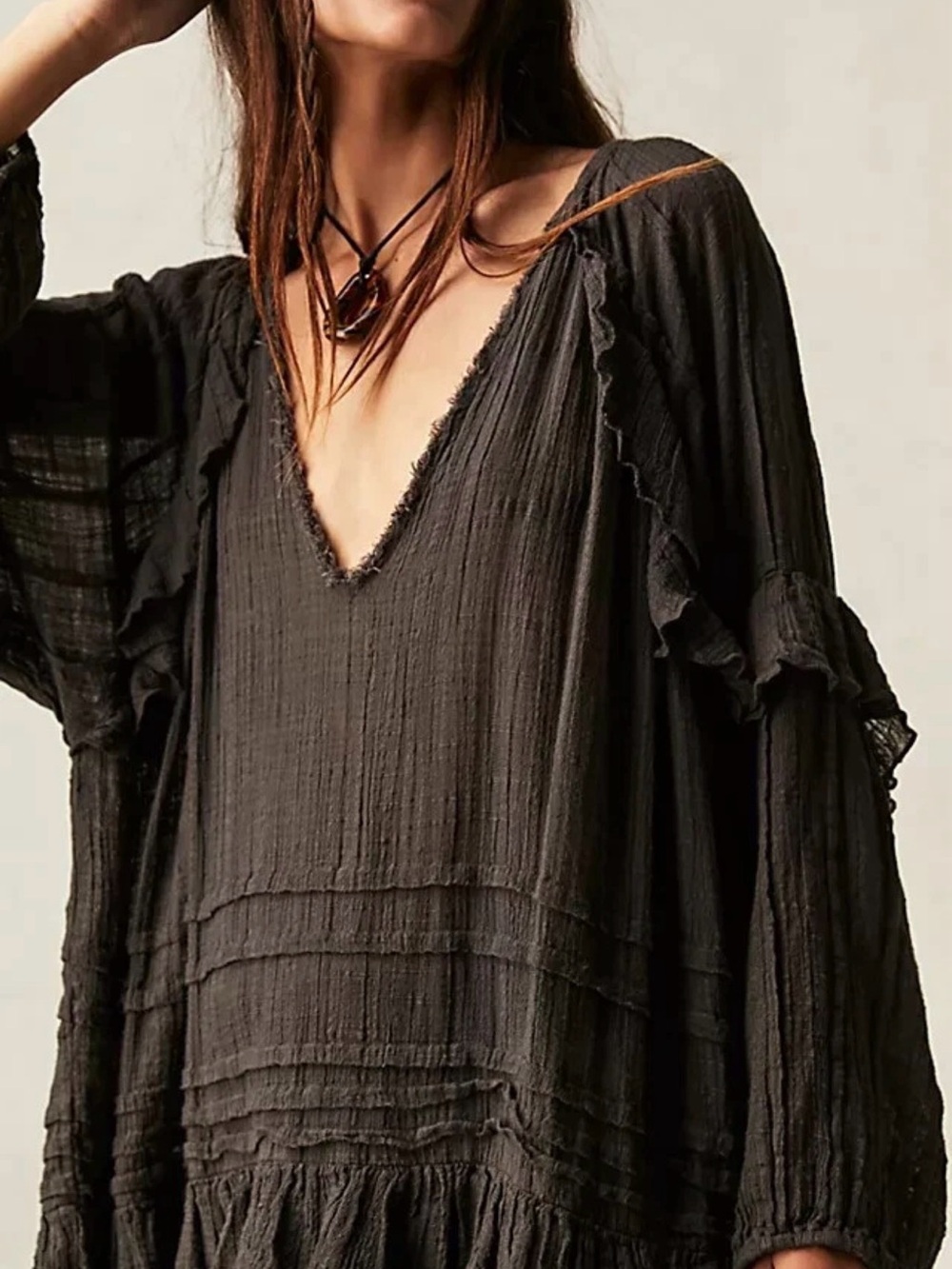 Free People FP One Tamasi V Neck Oversized Ruffle semi-sheer Gray Tunic NWT sz S - Picture 2 of 10